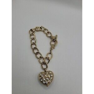Vintage Liz Claiborne Gold Tone Toggle Bracelet Pave Rhinestone Heart Charm